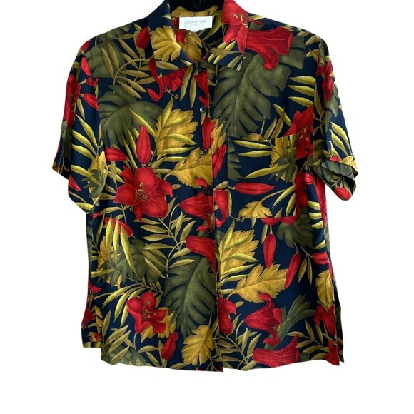 Jones New York Hibiscus Floral 100% Silk Blouse Classic size 2 Petite - Picture 1 of 6